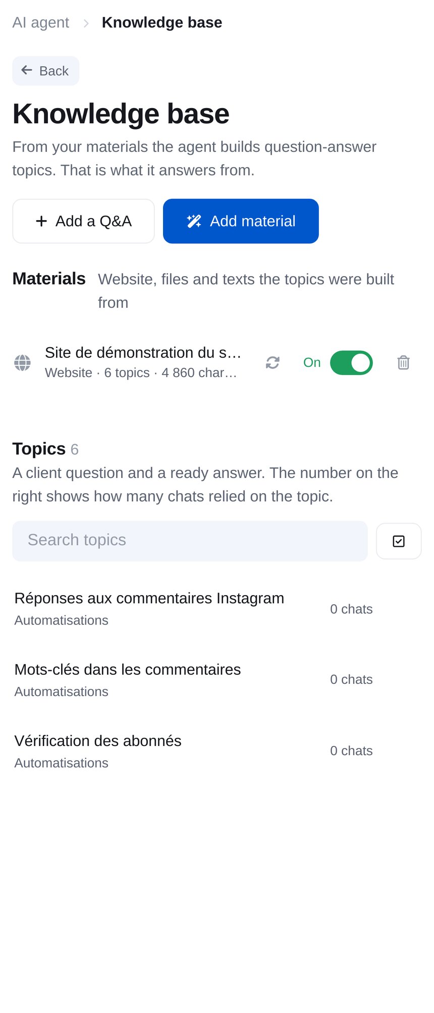 Base de connaissances de l’agent IA : contenus du site et fiches de questions-réponses créées à partir de ces contenus