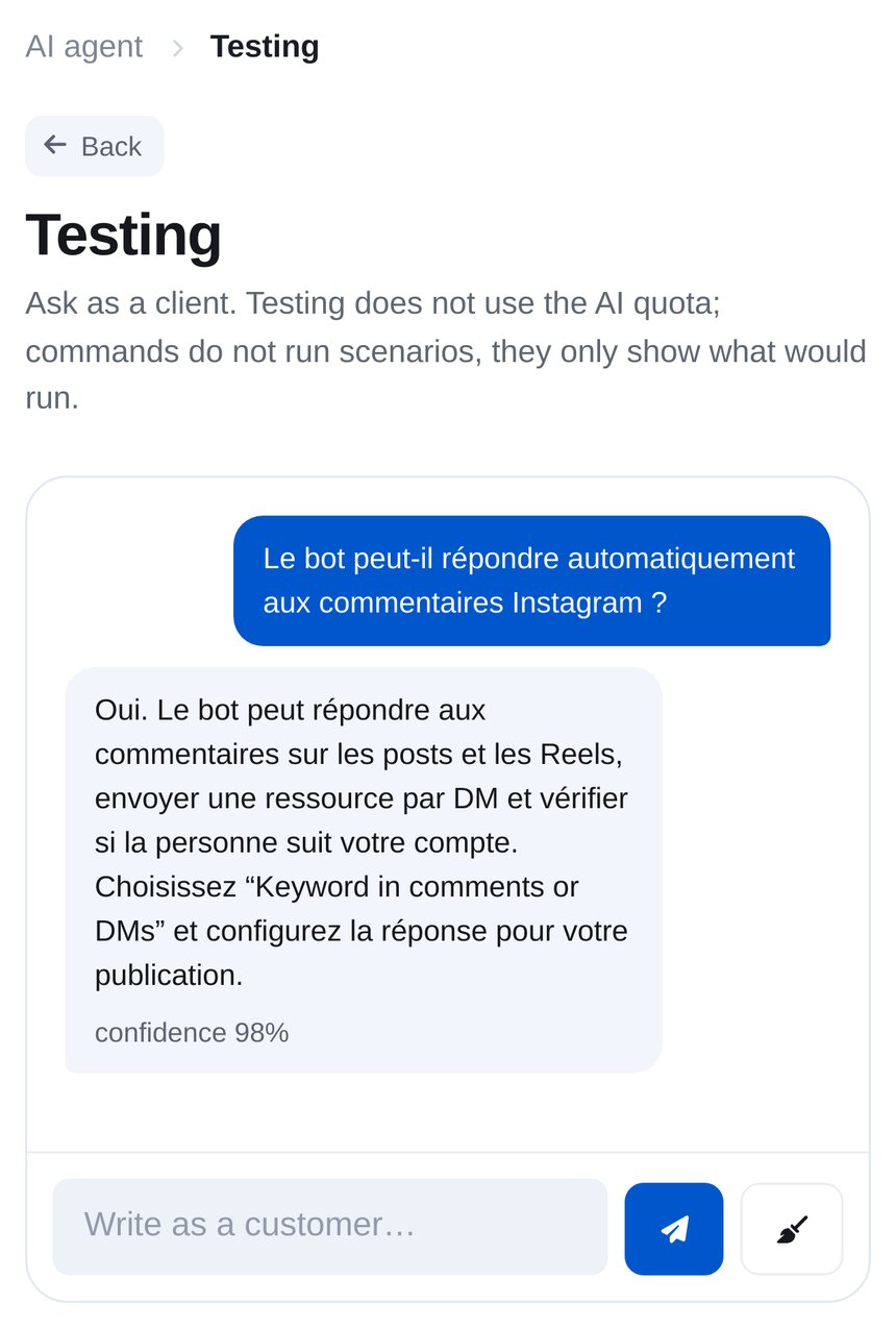Test de l’agent IA : le client pose une question sur les réponses aux commentaires Instagram, l’agent répond à partir de sa base de connaissances