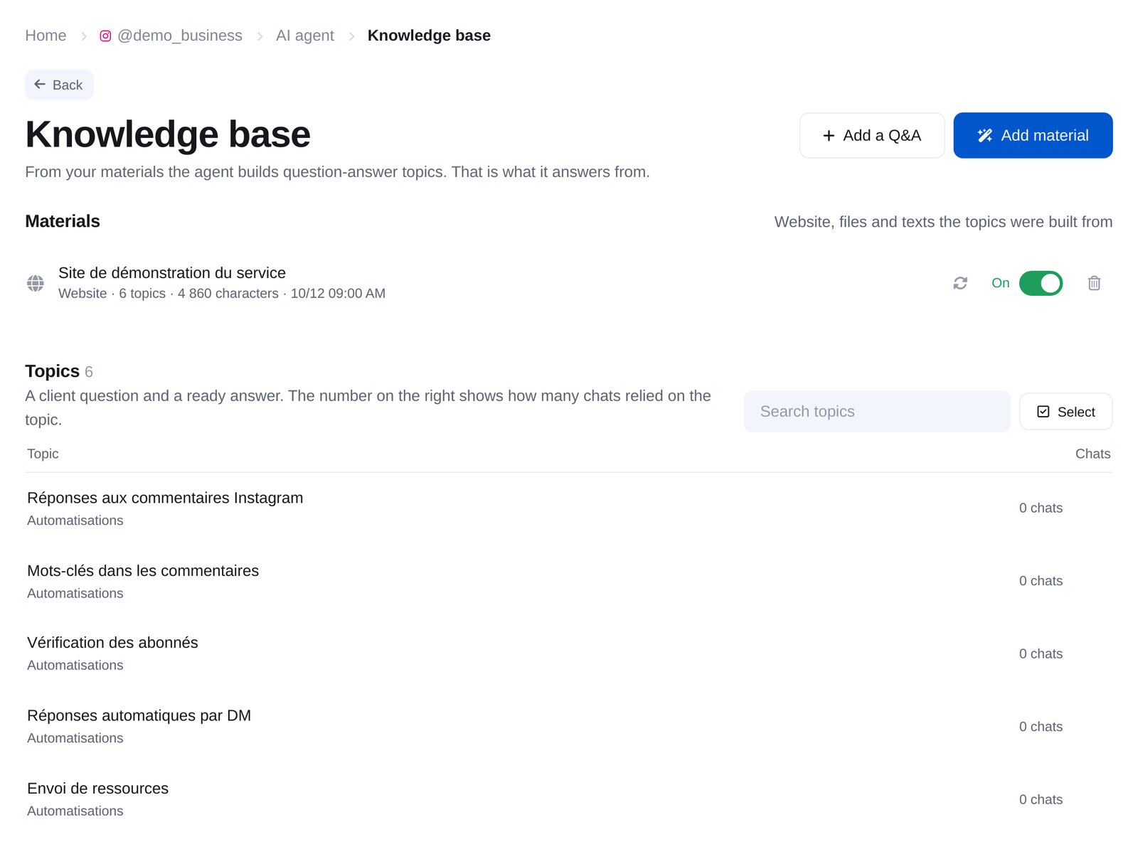 Section « Knowledge base » : contenus du site et explications du propriétaire, fiches de questions-réponses, recherche et catégories