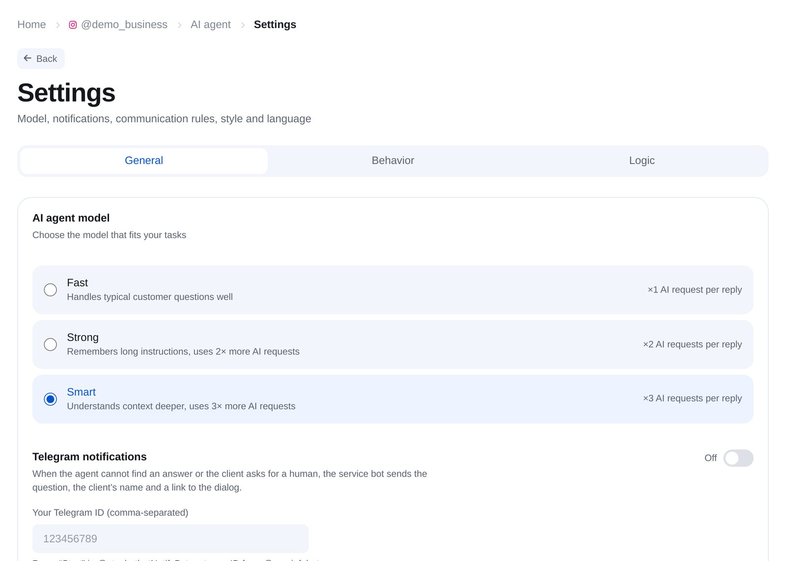 Paramètres de l’agent IA : modèle « Fast », « Strong » ou « Smart », notifications Telegram et règles de conversation