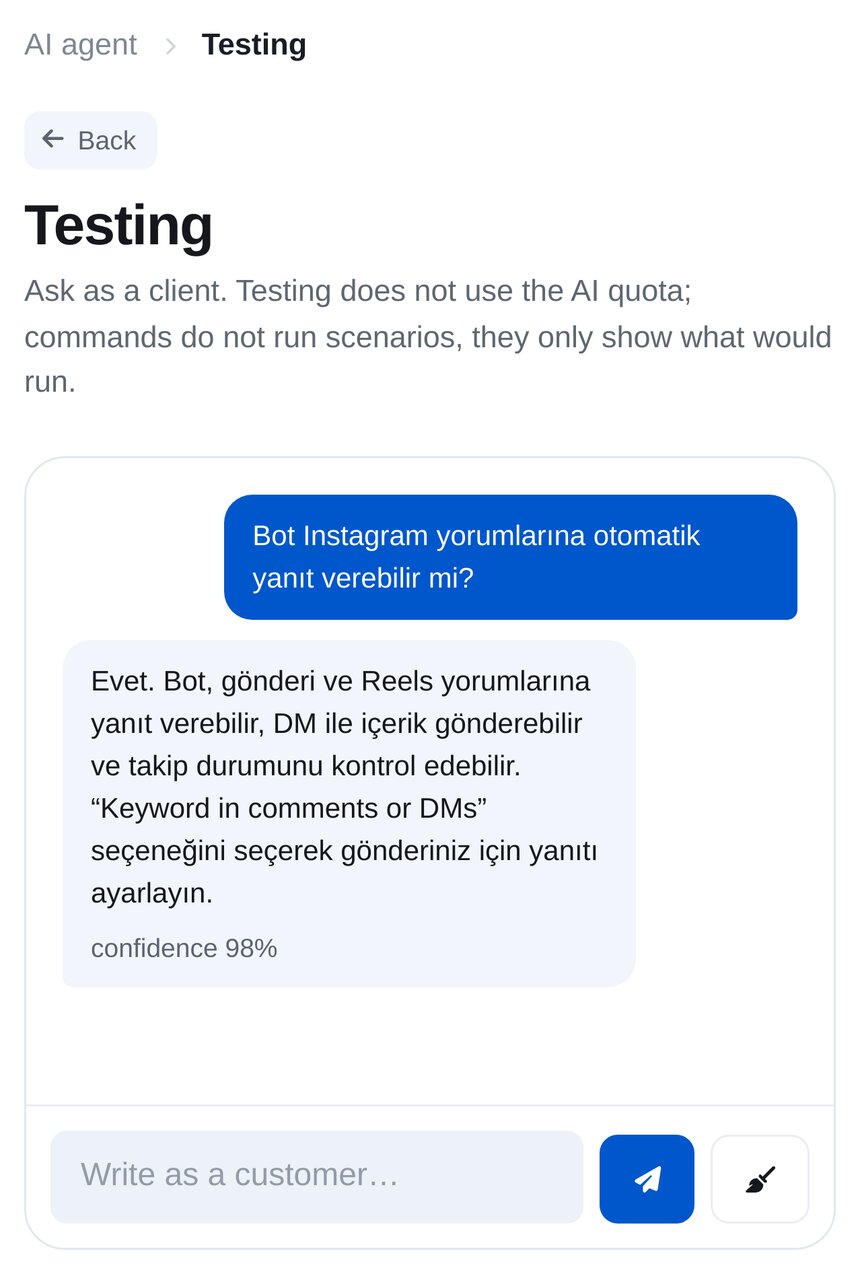 Yapay zekâ ajanını test etme: müşteri Instagram yorumlarını soruyor, ajan bilgi tabanından yanıtlıyor