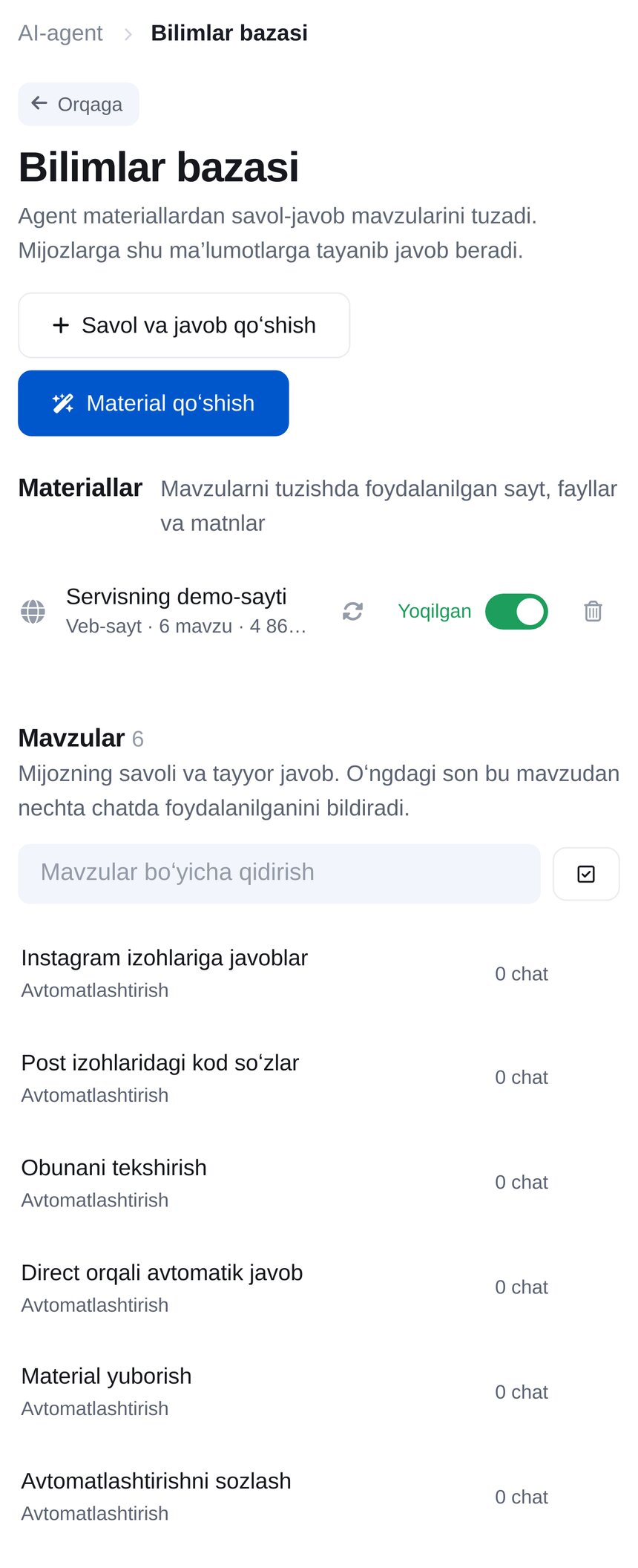 AI-agent bilimlar bazasi: saytdagi materiallar va ulardan tuzilgan savol-javob mavzulari