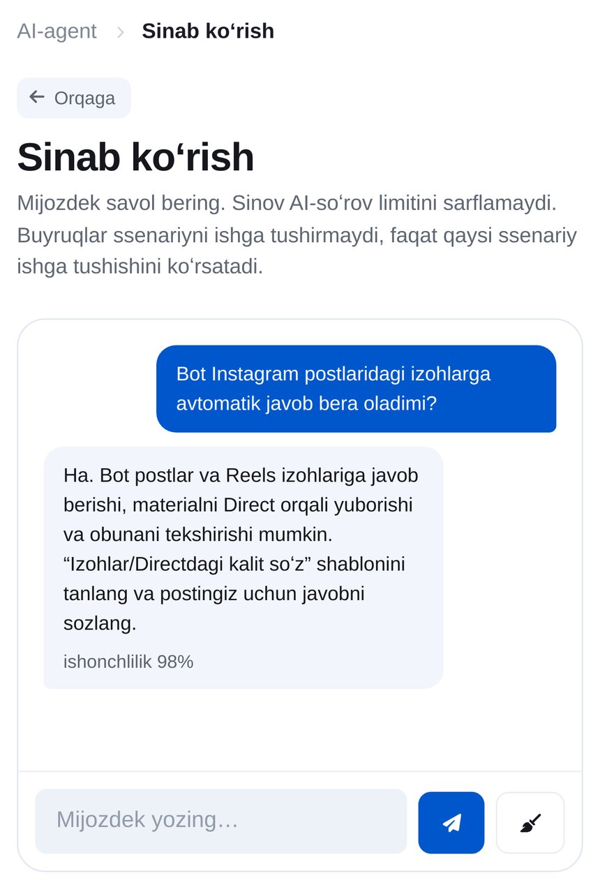 AI-agent sinovi: mijoz Instagram izohlariga javob haqida soʻraydi, agent bilimlar bazasi asosida javob beradi