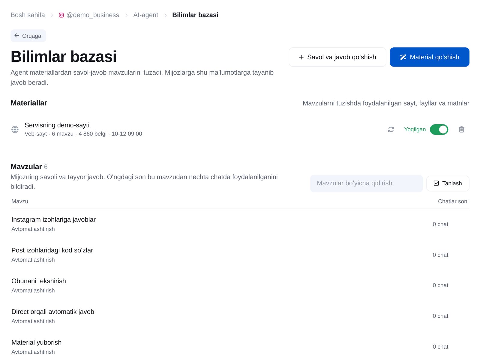 «Bilimlar bazasi» boʻlimi: materiallar (sayt va egasining ta’rifi), qidiruv va boʻlimlarga ajratilgan savol-javob mavzulari