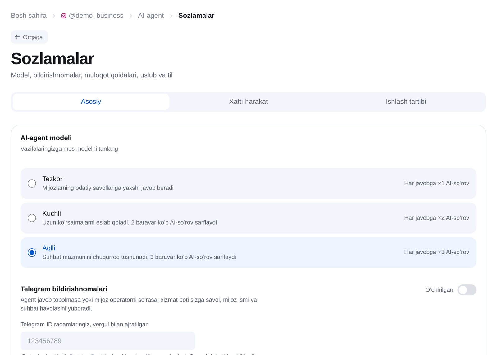 AI-agent sozlamalari: «Tezkor», «Kuchli» yoki «Aqlli» modeli, Telegram bildirishnomalari va muloqot qoidalari