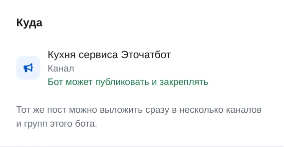 Выбранный канал Макс и результат проверки прав бота