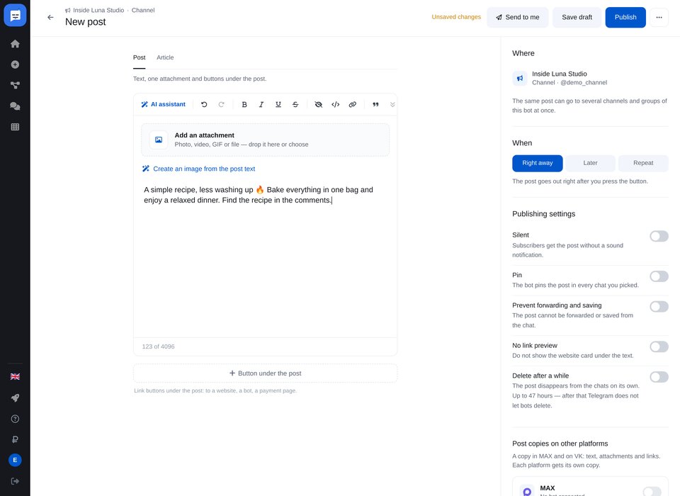 Editor für Telegram-Kanalbeiträge: Ziel, Veröffentlichung sofort, später oder regelmäßig sowie Beitragseinstellungen