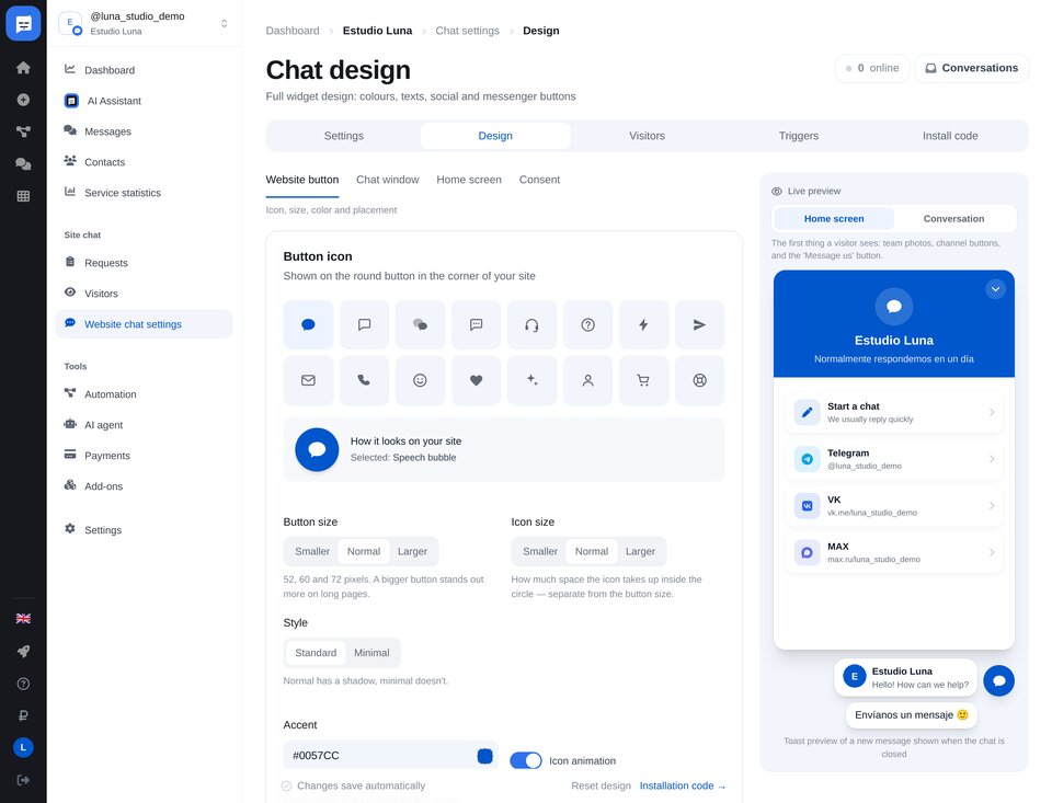 Diseño del chat web: icono, ventana, pantalla de inicio y vista previa en tiempo real