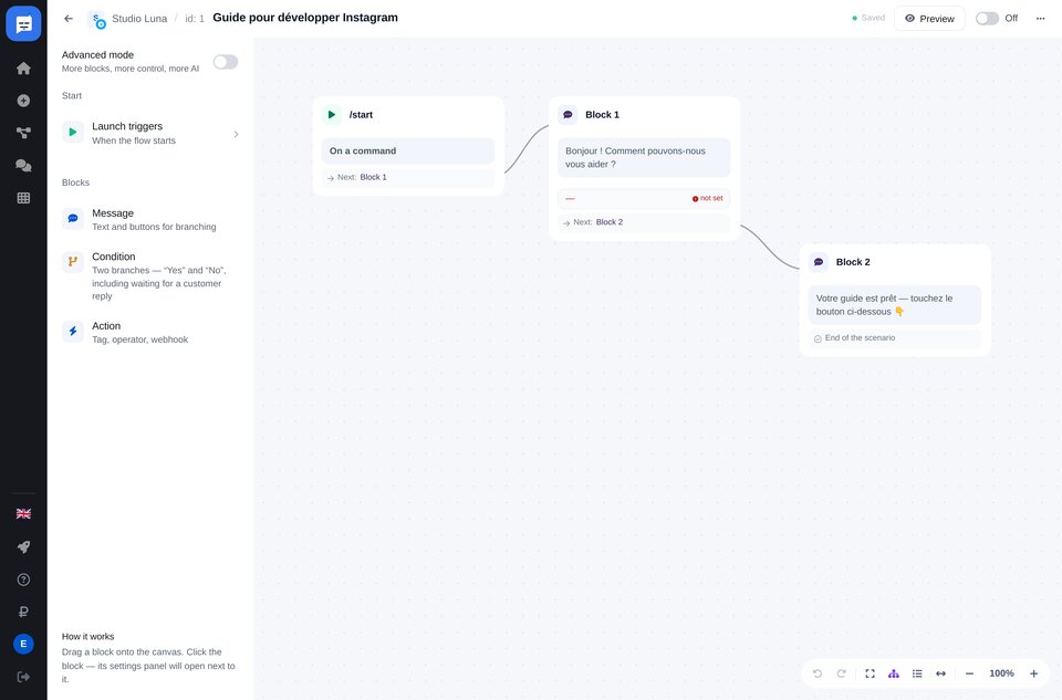 Éditeur de scénarios ETOCHATBOT : blocs de messages, de boutons et de conditions