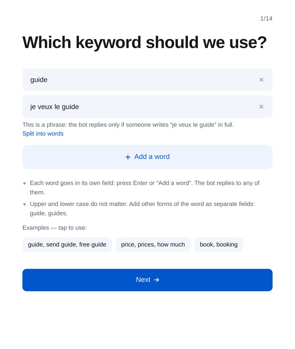 Assistant de configuration des mots-clés Instagram dans ETOCHATBOT