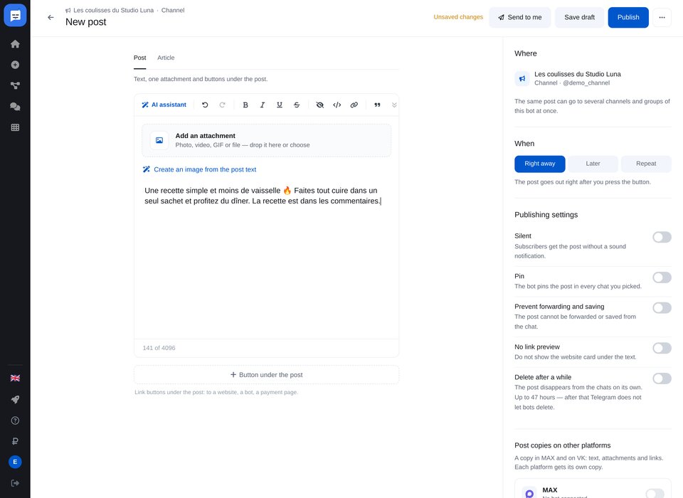 Éditeur d’une publication Telegram : destination, envoi immédiat, programmé ou régulier, et paramètres de publication