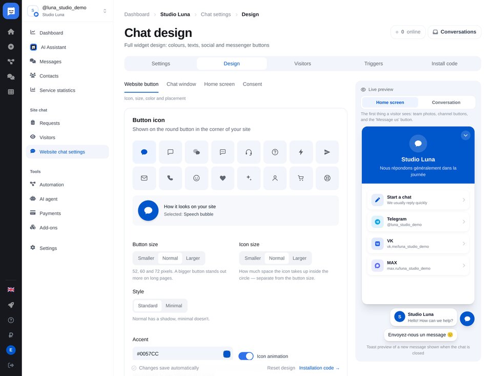 Personnalisation du chat : icône, fenêtre, écran d’accueil et aperçu en direct