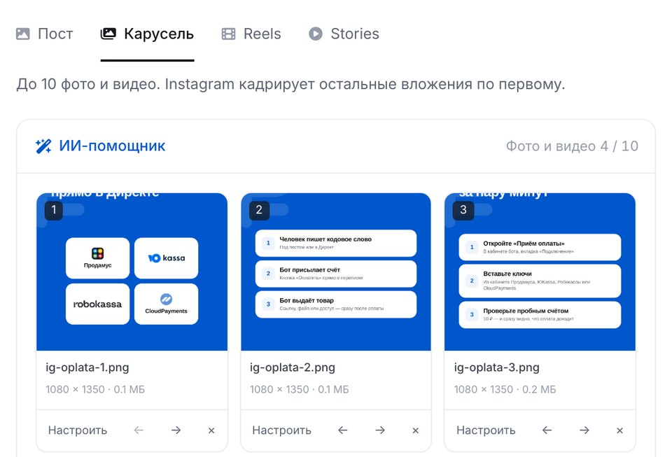 Beitragseditor von ETOCHATBOT: Formate Post, Carousel, Reels und Stories und Karussell-Slides