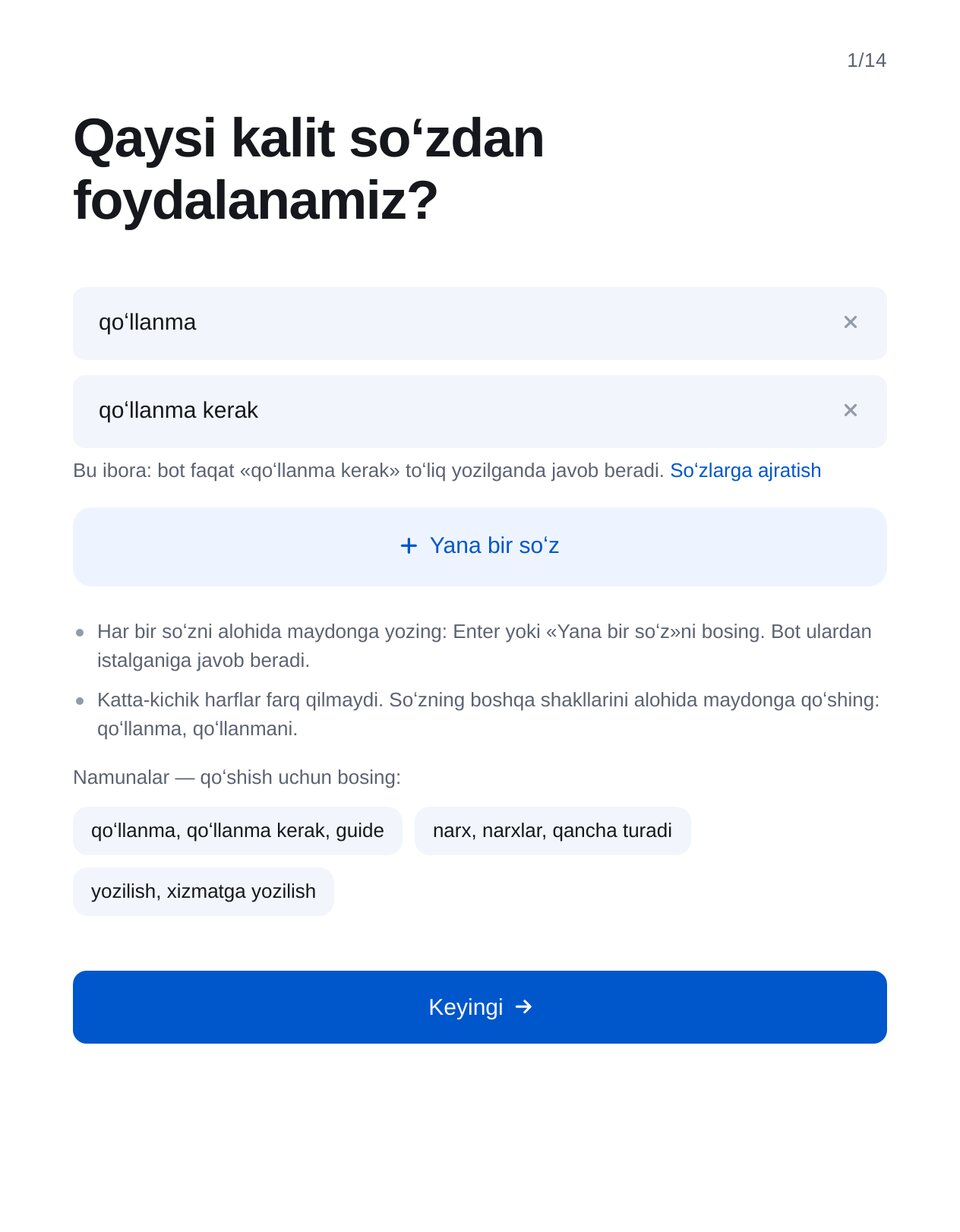 ETOCHATBOTda Instagram uchun kalit soʻzni sozlash yordamchisi