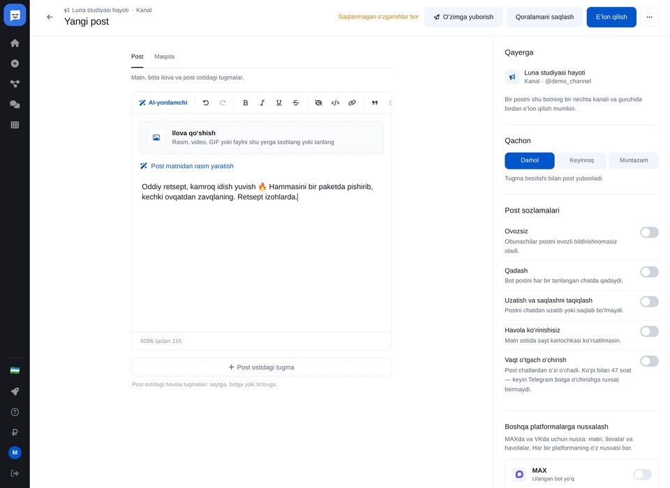 Telegram post muharriri: qayerga, qachon — darhol, keyinroq yoki muntazam — va post sozlamalari