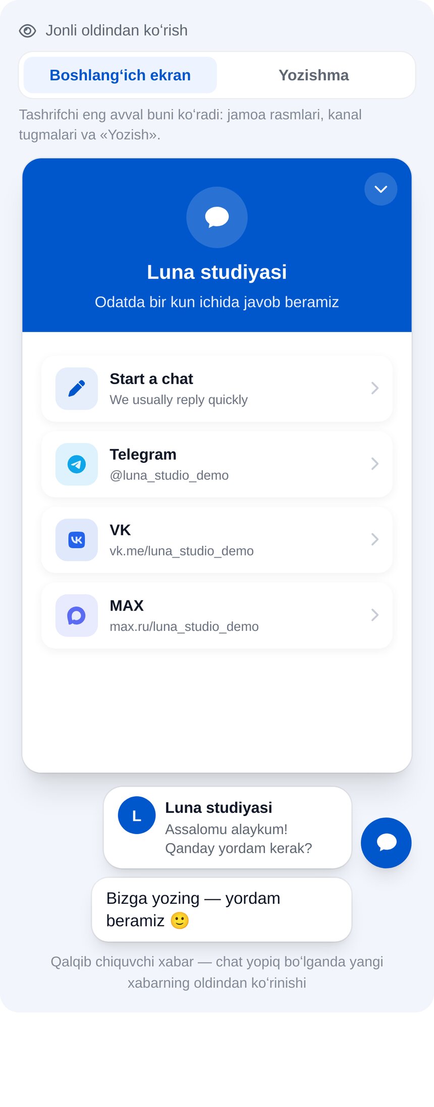 Saytdagi ETOCHATBOT onlayn chati