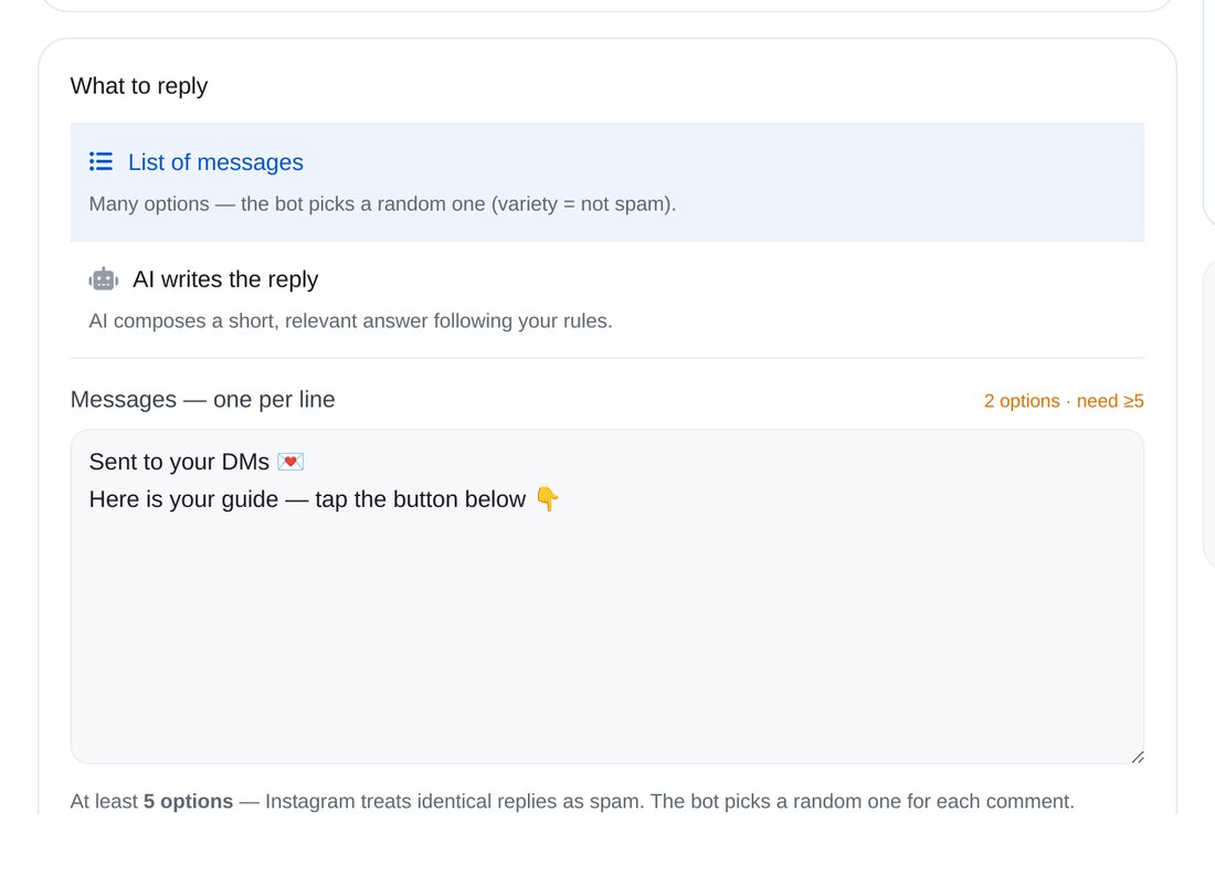 Choose what to reply — the setup screen in ETOCHATBOT