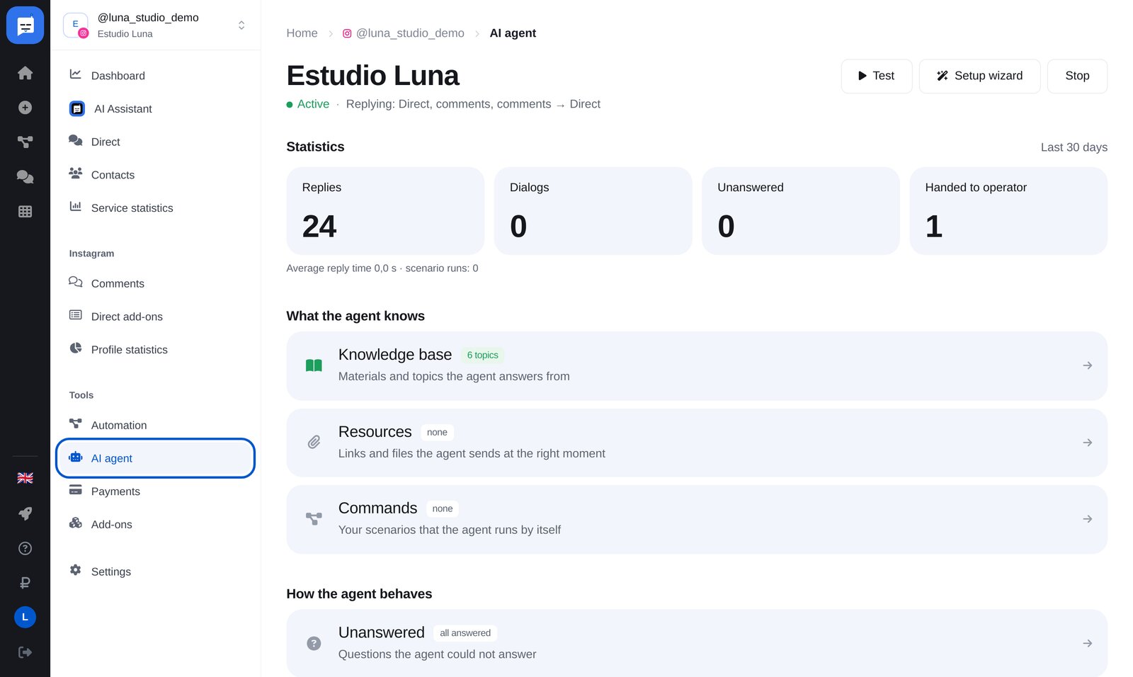 Agente de IA en ETOCHATBOT: menú y botón «Setup wizard»