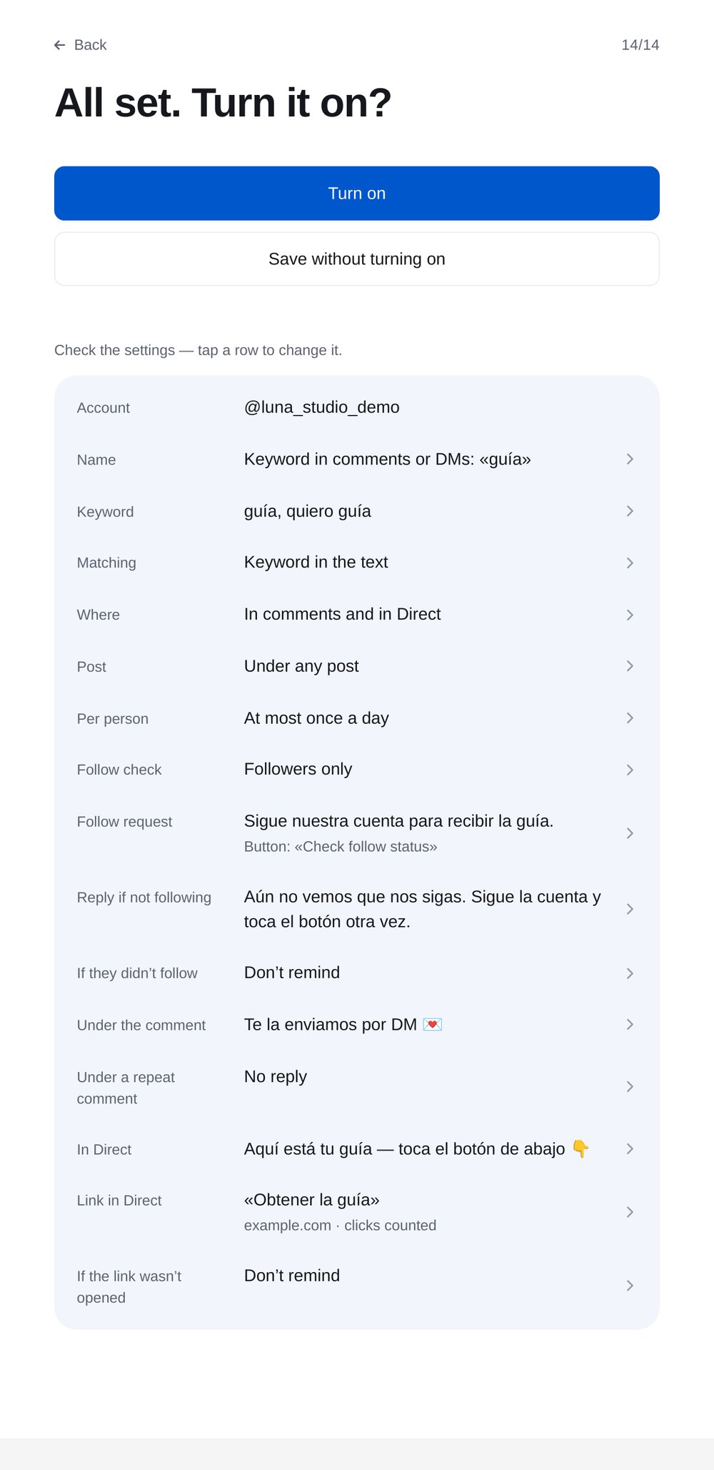Revisión y activación en ETOCHATBOT
