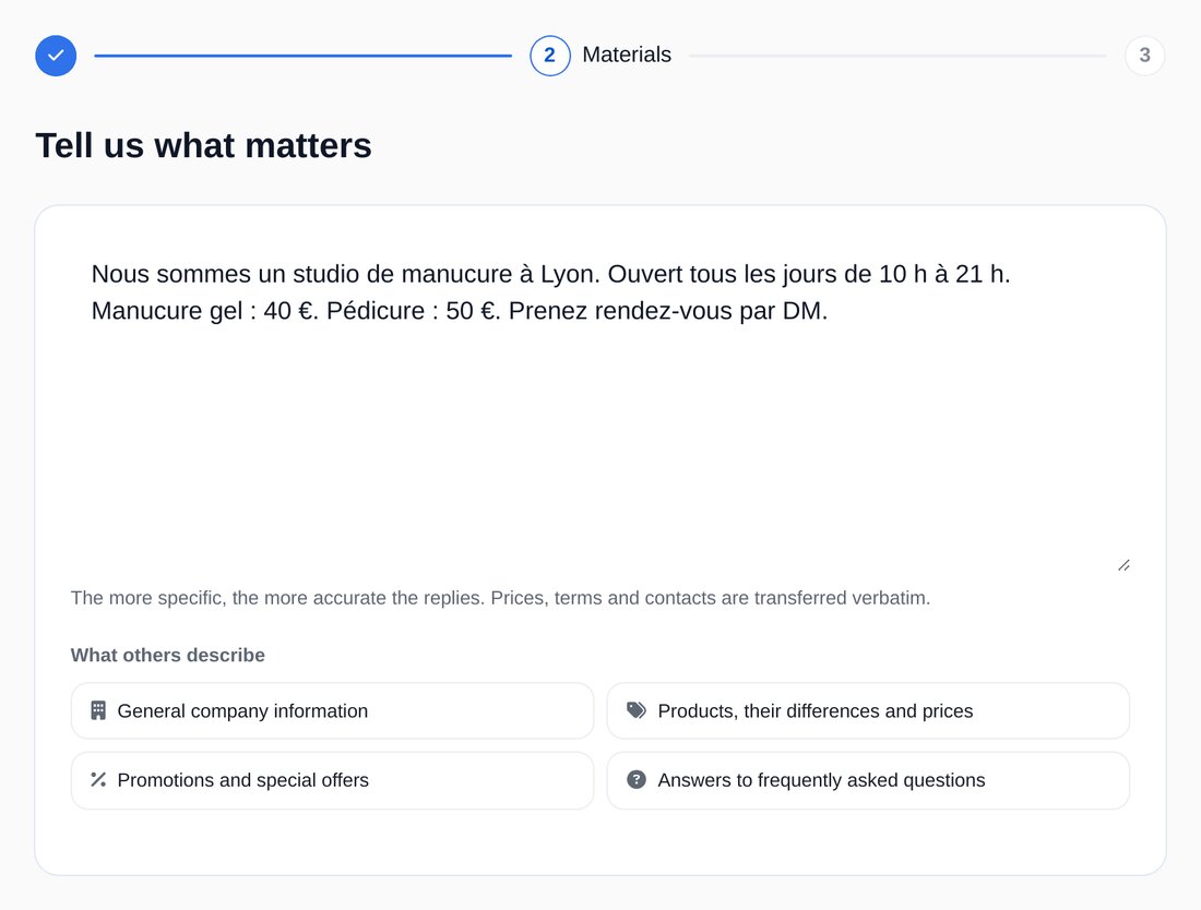 Assistant de configuration de l’agent IA : description de l’entreprise avec vos mots