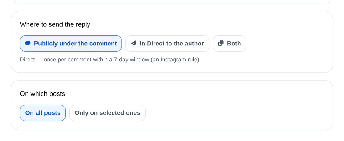 Où répondre et sous quelles publications — écran de configuration dans ETOCHATBOT