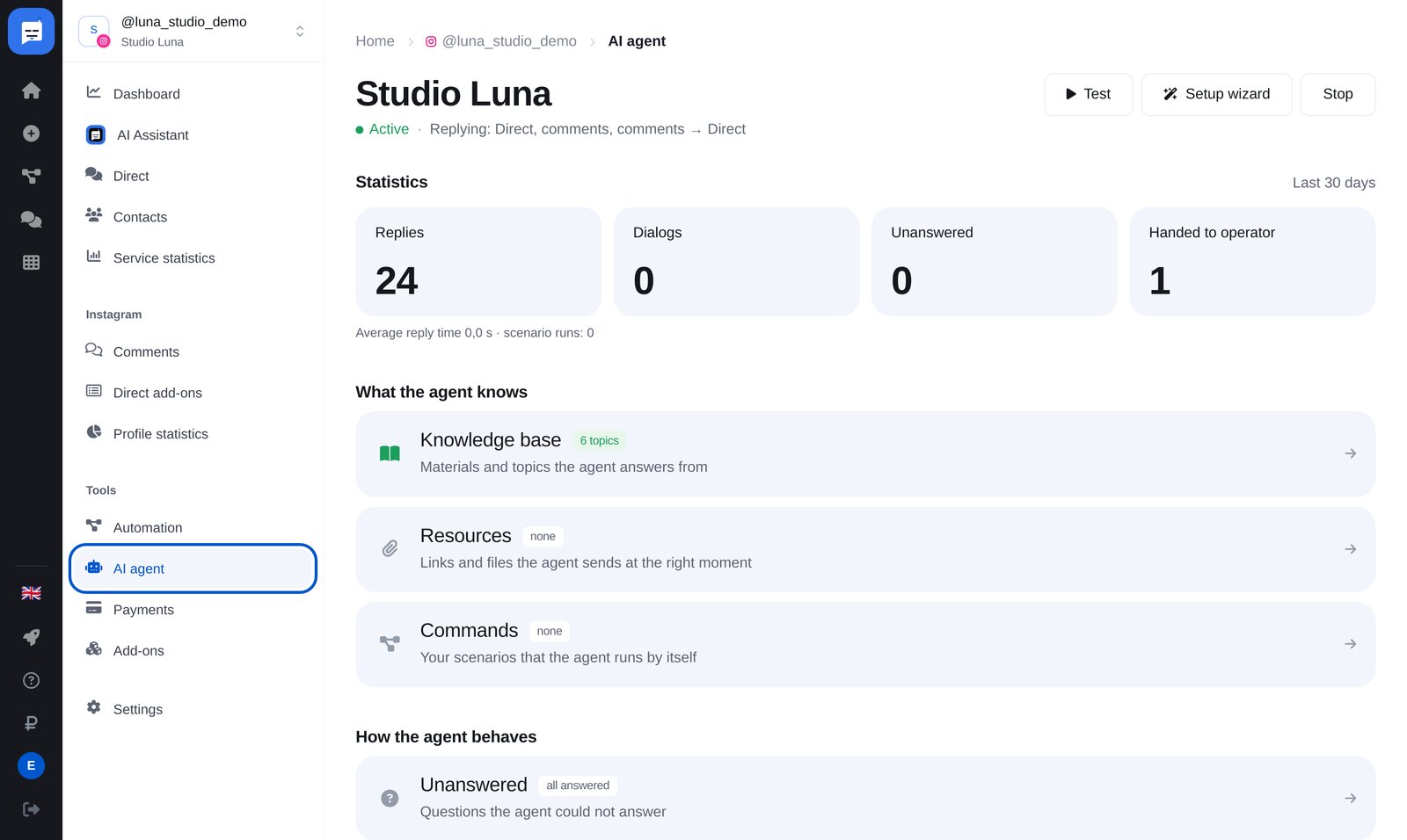 Page de l’agent IA dans ETOCHATBOT : menu et bouton « Setup wizard »