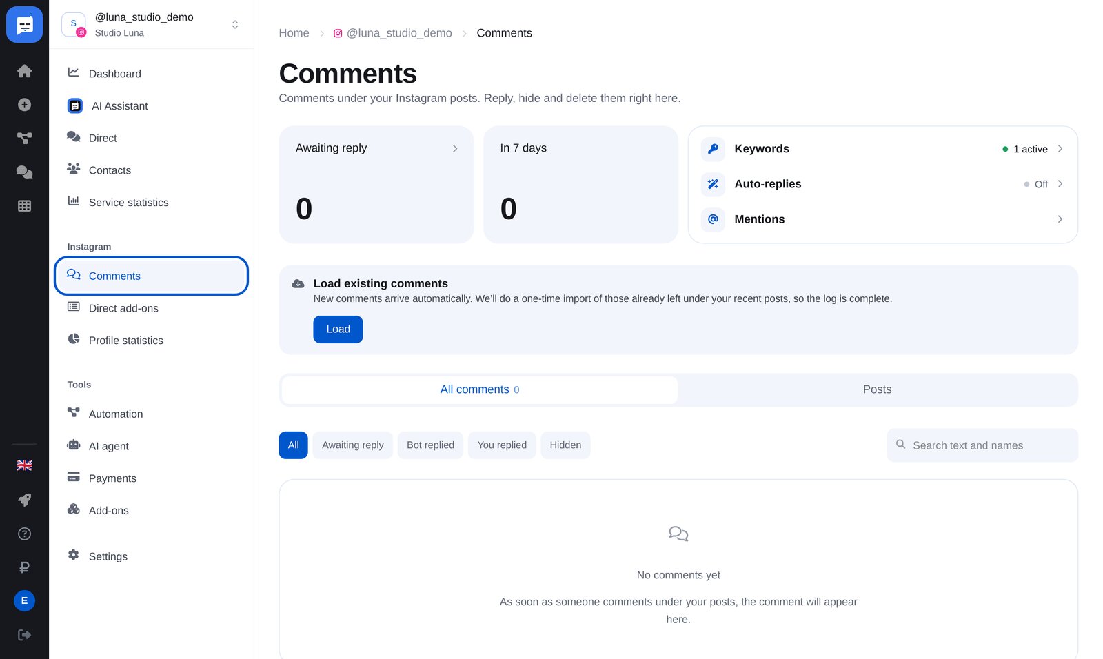 Section « Comments » d’ETOCHATBOT : « Keywords », « Auto-replies » et « Mentions »