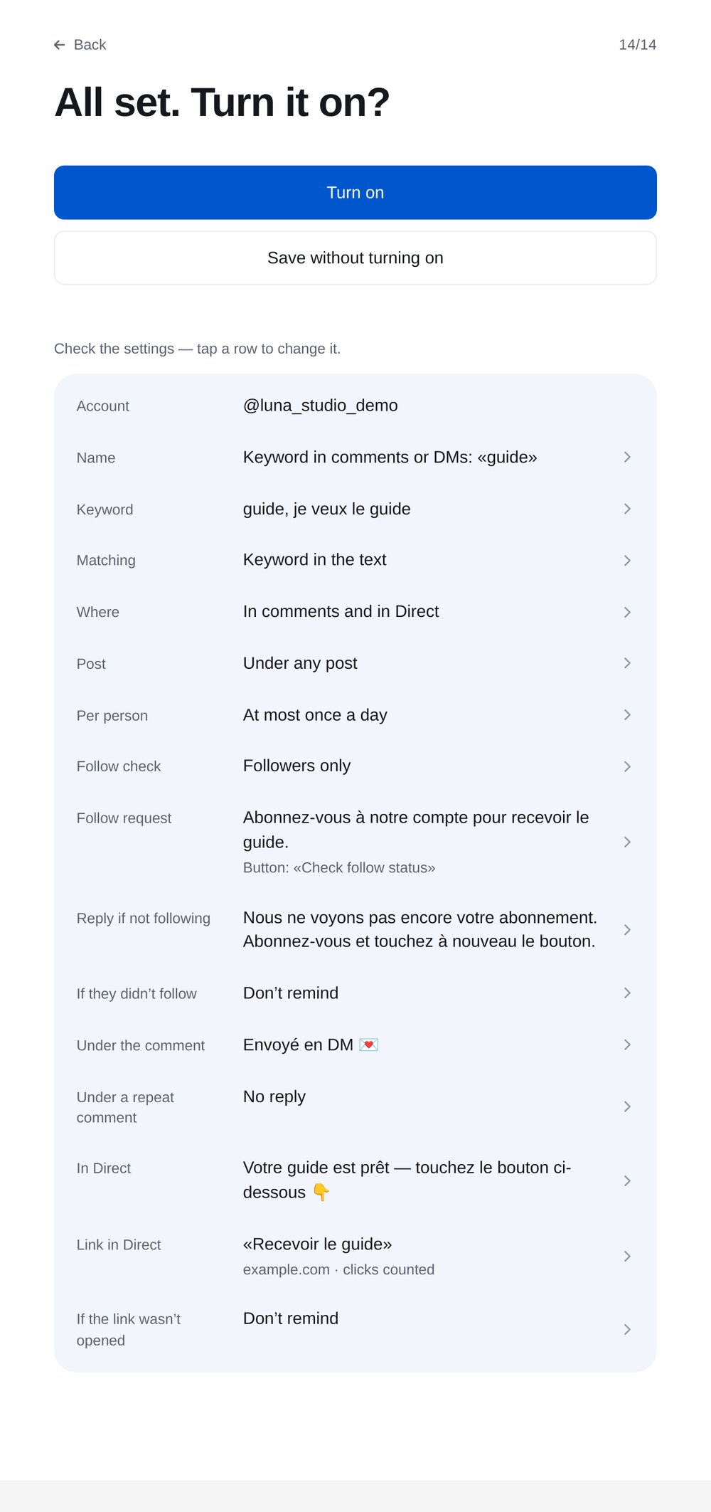 Vérifier et activer — écran de configuration dans ETOCHATBOT