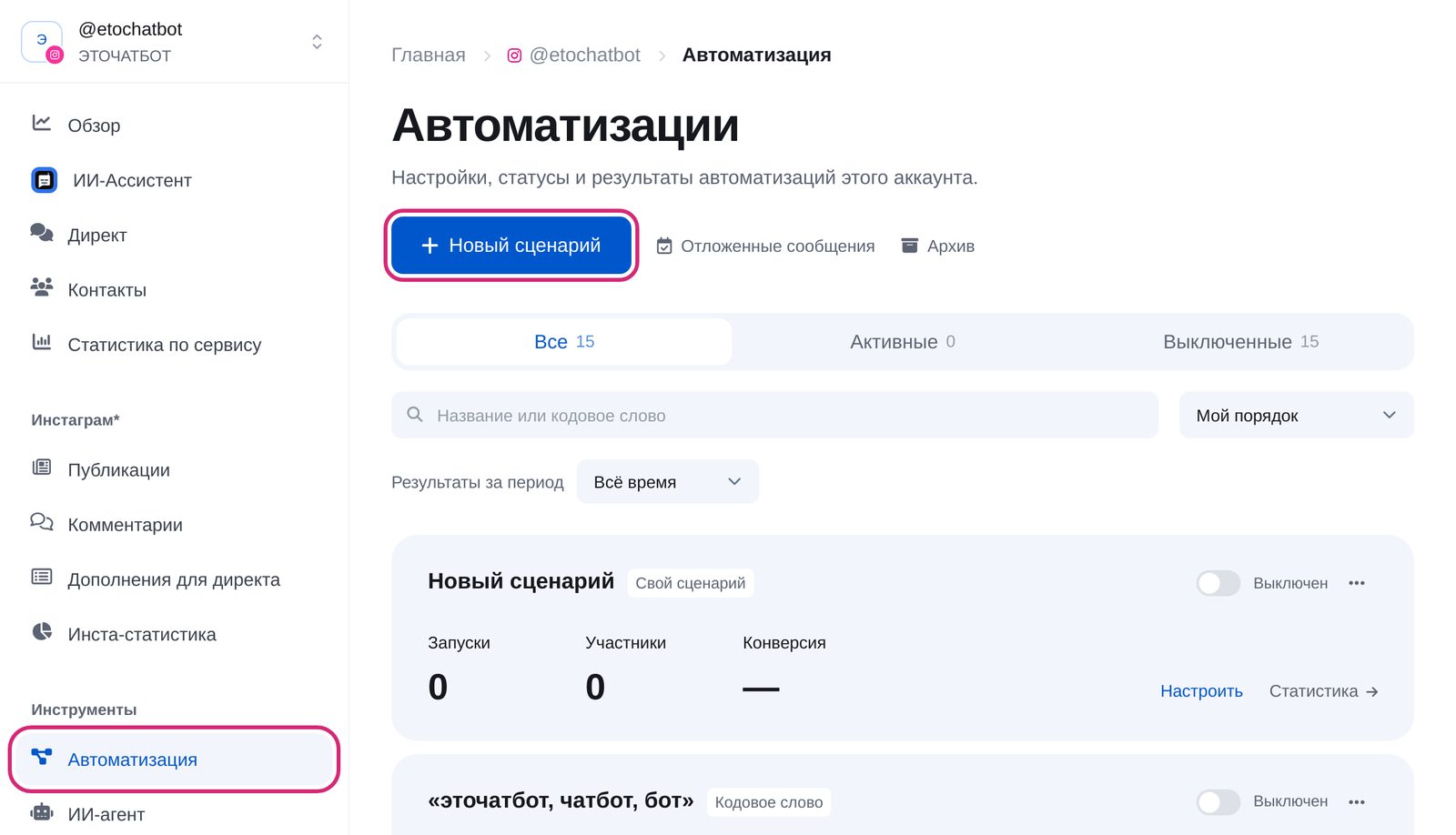 Раздел «Автоматизация» в кабинете ЭТОЧАТБОТ: пункт меню и кнопка «Новый сценарий»