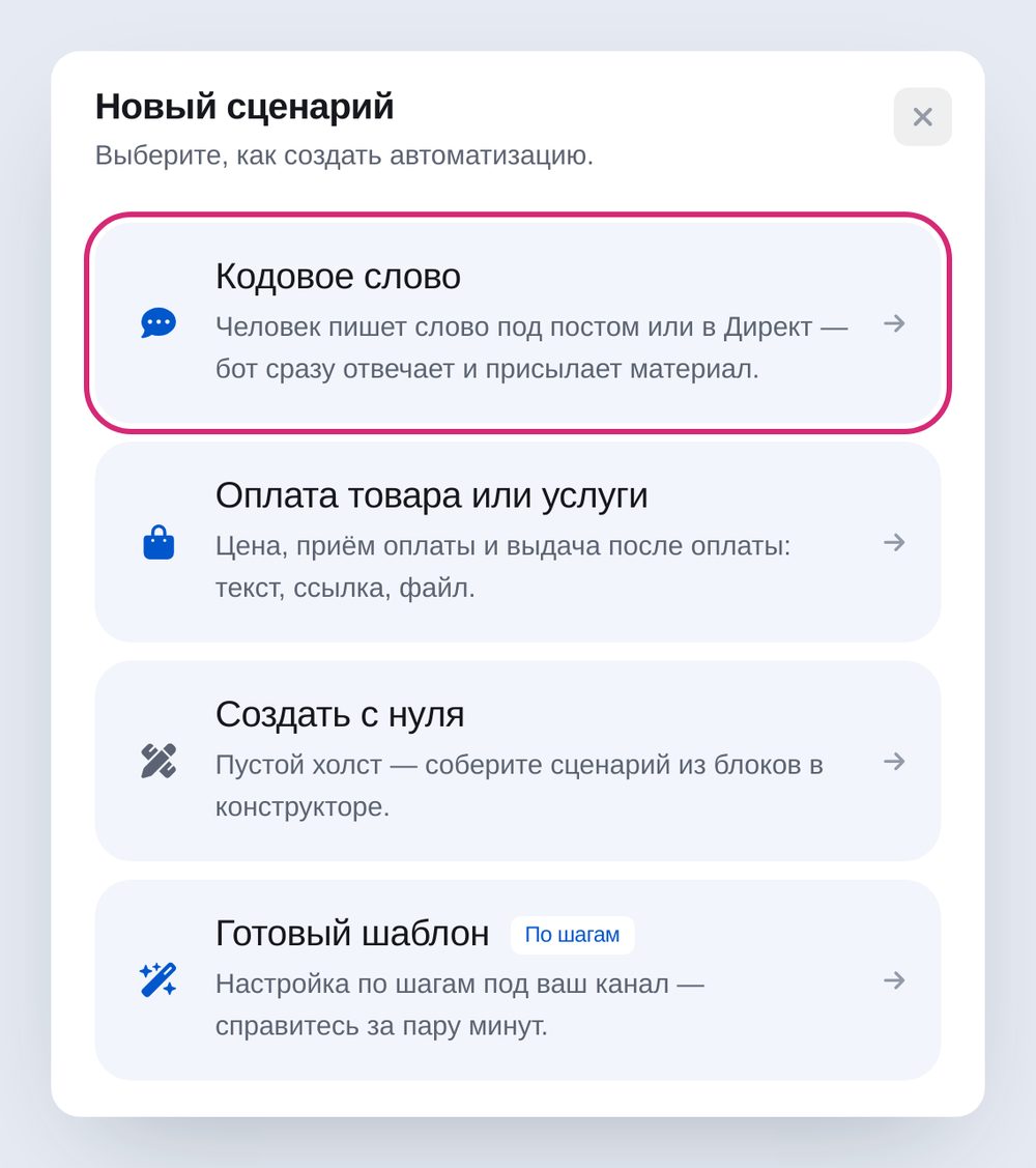 Окно «Новый сценарий»: кодовое слово, оплата товара, создать с нуля, готовый шаблон