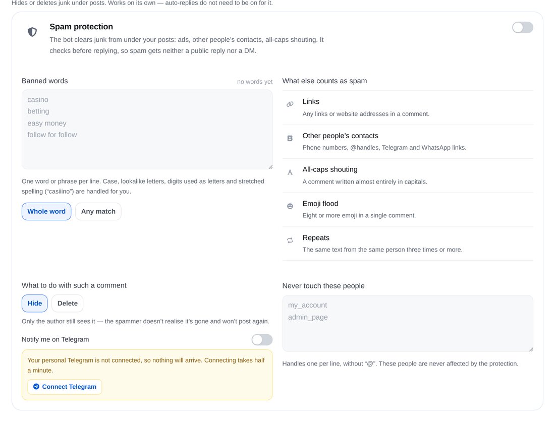 Spam korumasını açın — ETOCHATBOT ayar ekranı