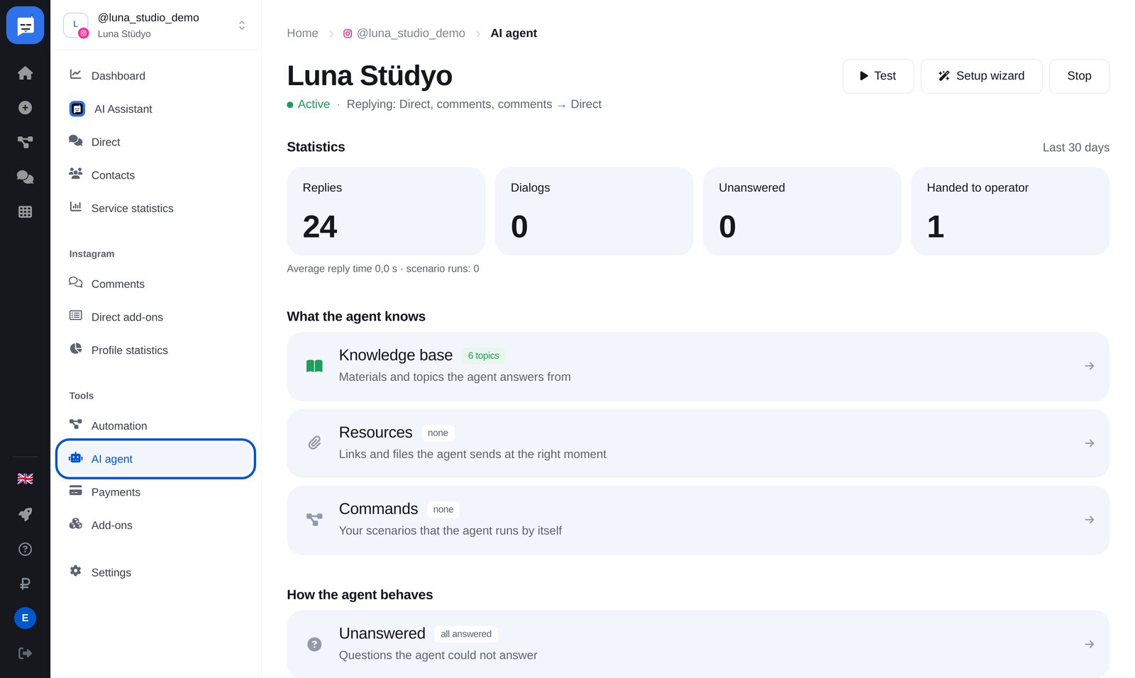 ETOCHATBOT yapay zekâ ajanı sayfası: menü öğesi ve “Setup wizard” düğmesi