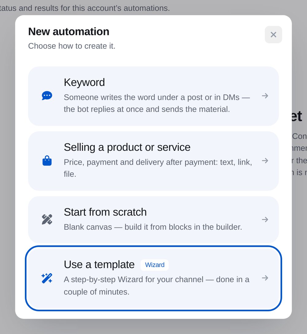 “New automation” penceresi: anahtar kelime, ürün ödemesi, sıfırdan oluşturma ve hazır şablon