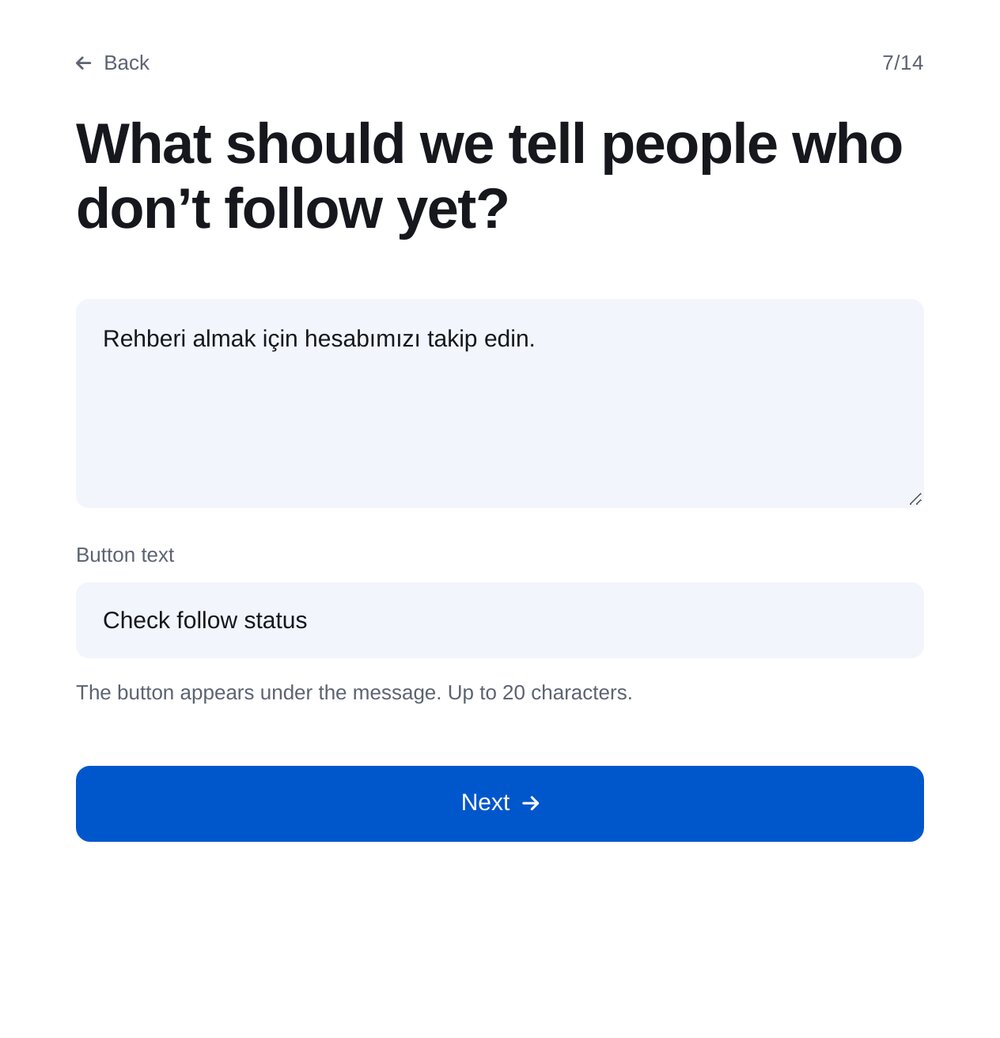 Takip isteğini ve düğme metnini yazın — ETOCHATBOT ayar ekranı