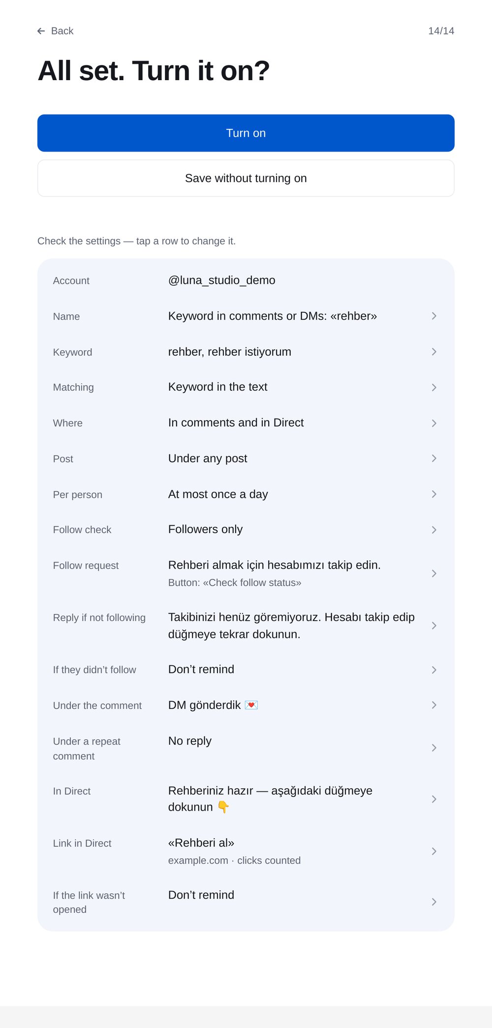 Kontrol edin ve açın — ETOCHATBOT ayar ekranı
