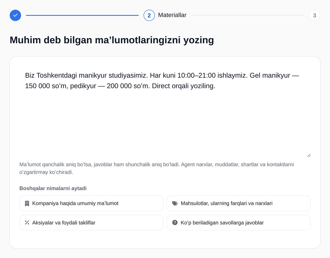 AI-agentni sozlash yordamchisi: biznesingizni oʻz soʻzlaringiz bilan tushuntirish
