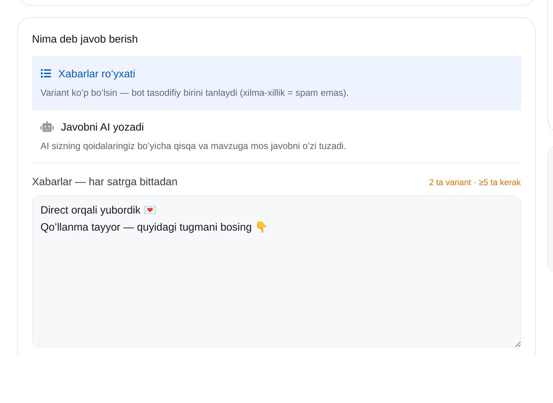 Javob usulini tanlang — ETOCHATBOT sozlash ekrani