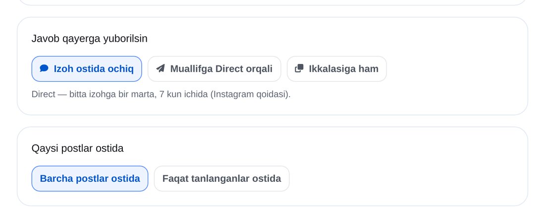 Javob joyi va postlar — ETOCHATBOT sozlash ekrani