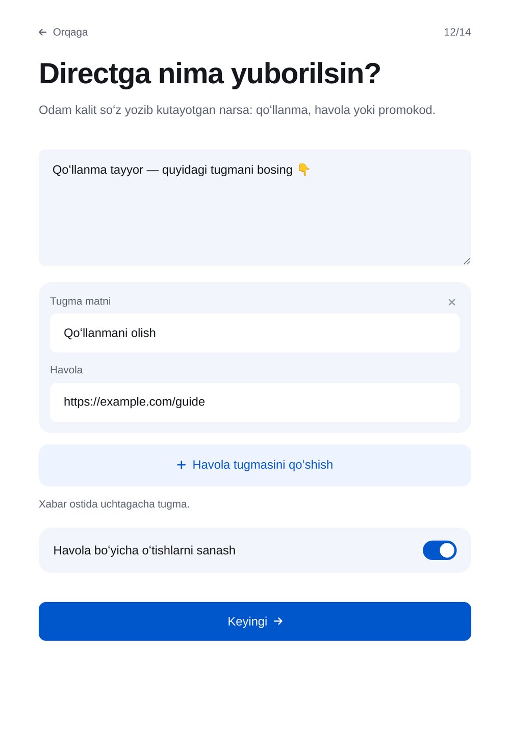 Directga nima yuborish — ETOCHATBOT sozlash ekrani