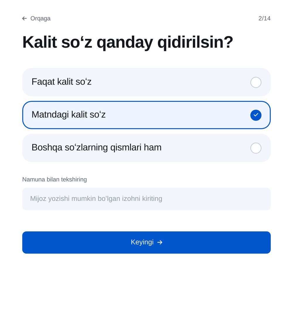 Qidirish usulini tanlang — ETOCHATBOT sozlash ekrani