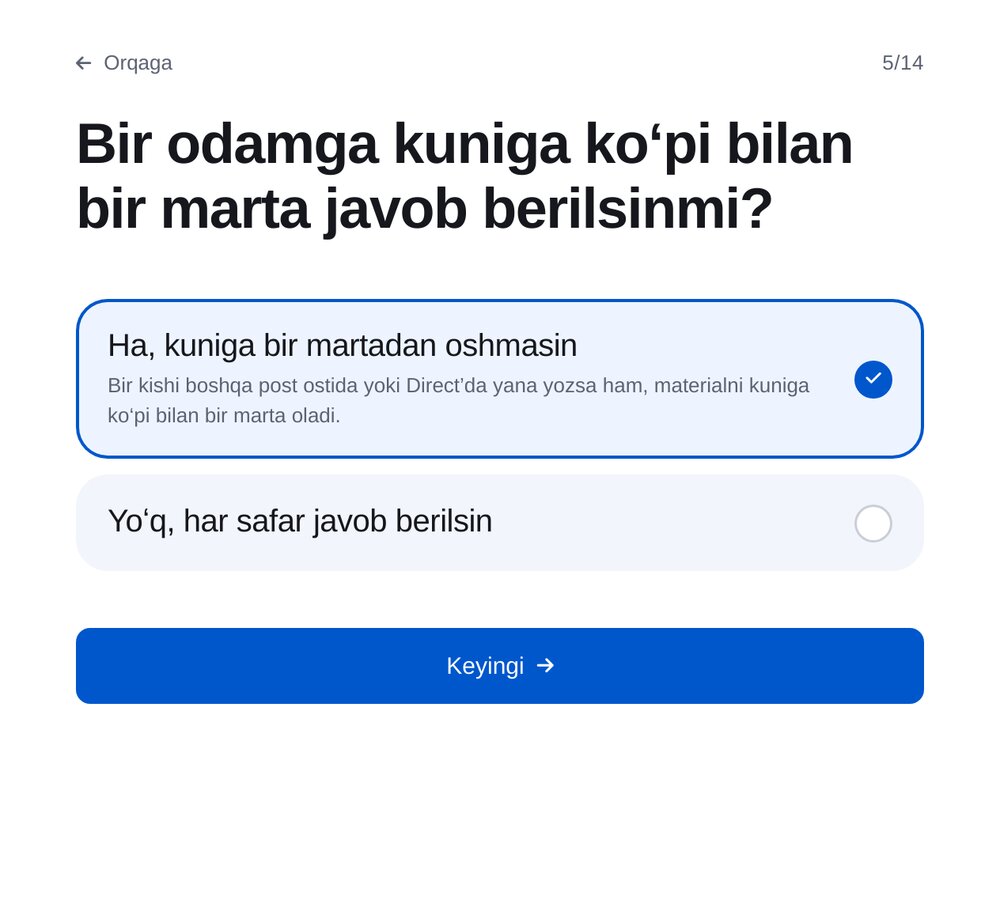 Bir kishiga kuniga bir marta — ETOCHATBOT sozlash ekrani