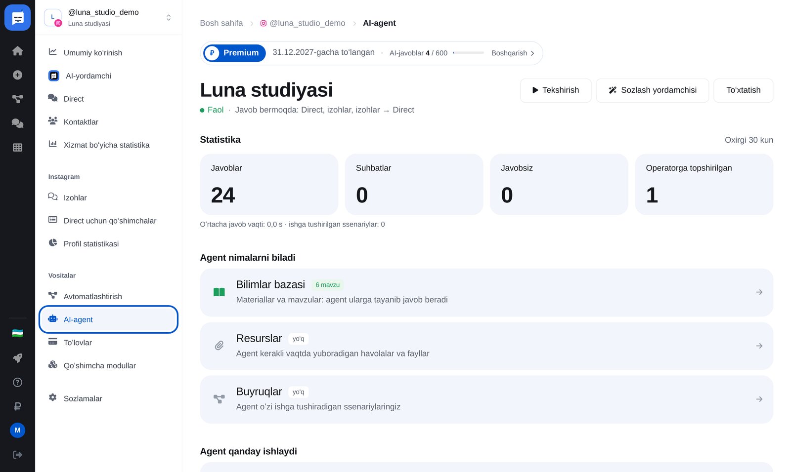 ETOCHATBOT AI-agent sahifasi: menyu va «Sozlash yordamchisi» tugmasi