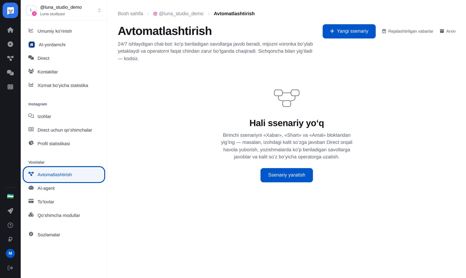 ETOCHATBOT kabinetidagi «Avtomatlashtirish»: menyu va «Yangi ssenariy» tugmasi