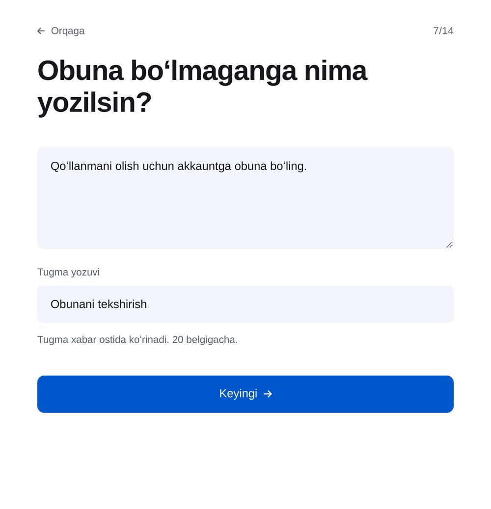 Obuna soʻrovi va tugma nomini yozing — ETOCHATBOT sozlash ekrani