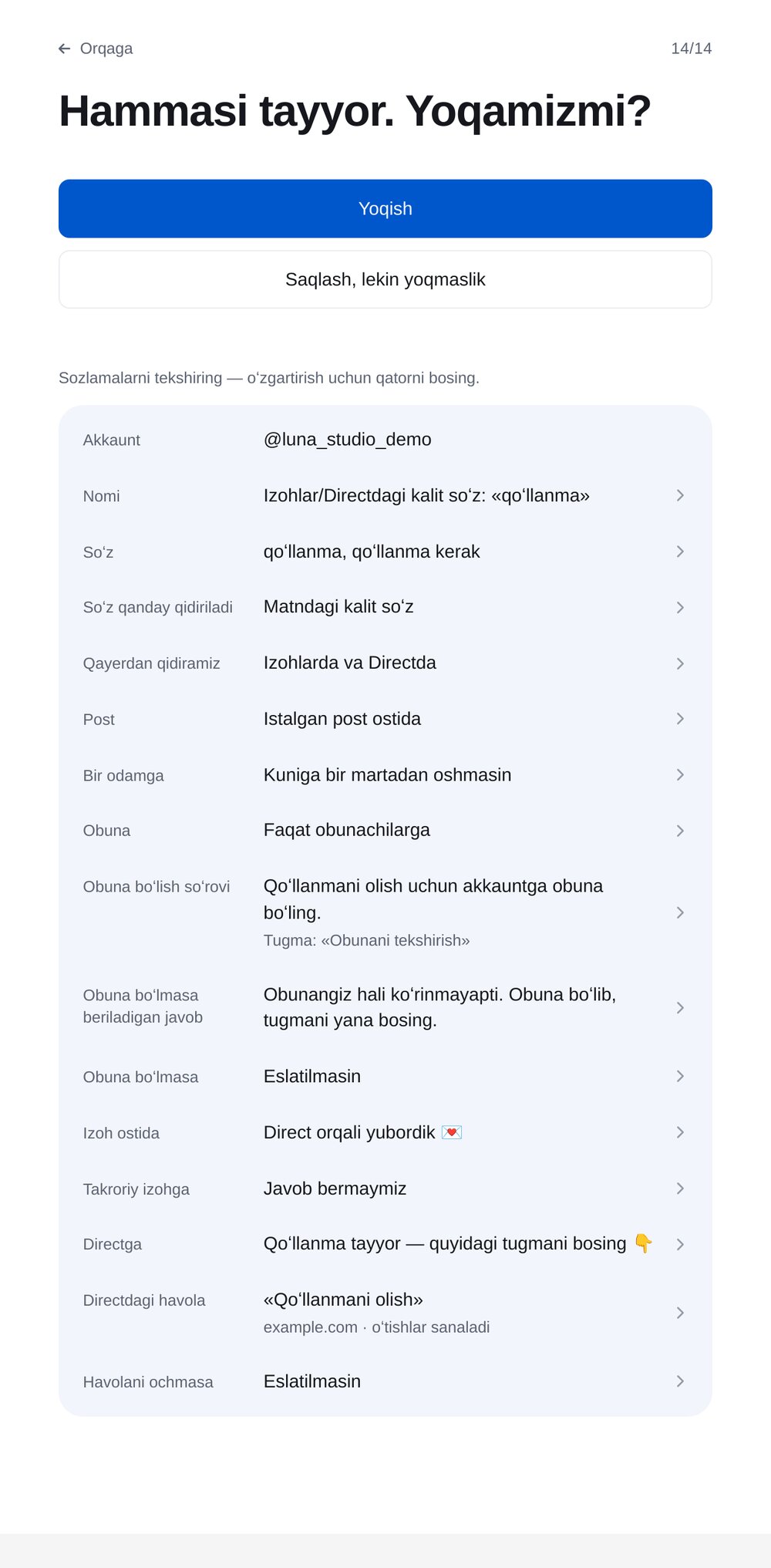 Tekshirib yoqing — ETOCHATBOT sozlash ekrani