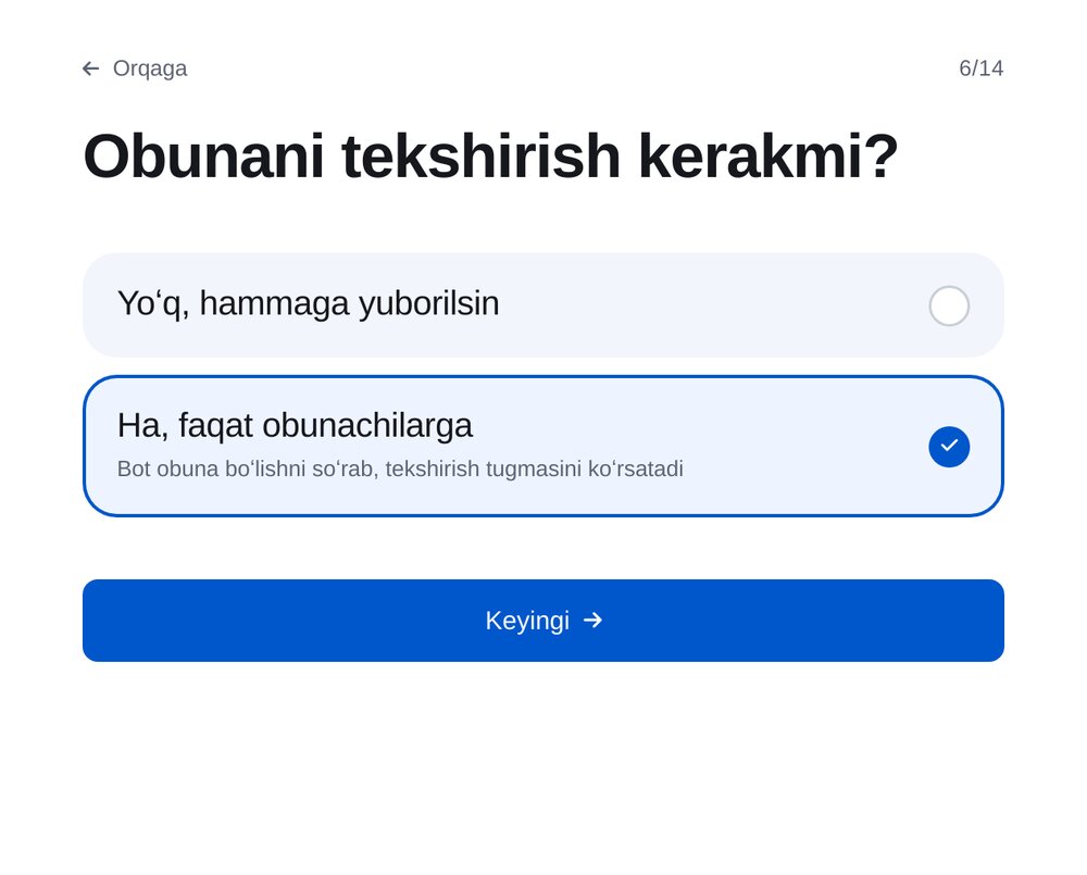 Tekshiruvni yoqing — ETOCHATBOT sozlash ekrani