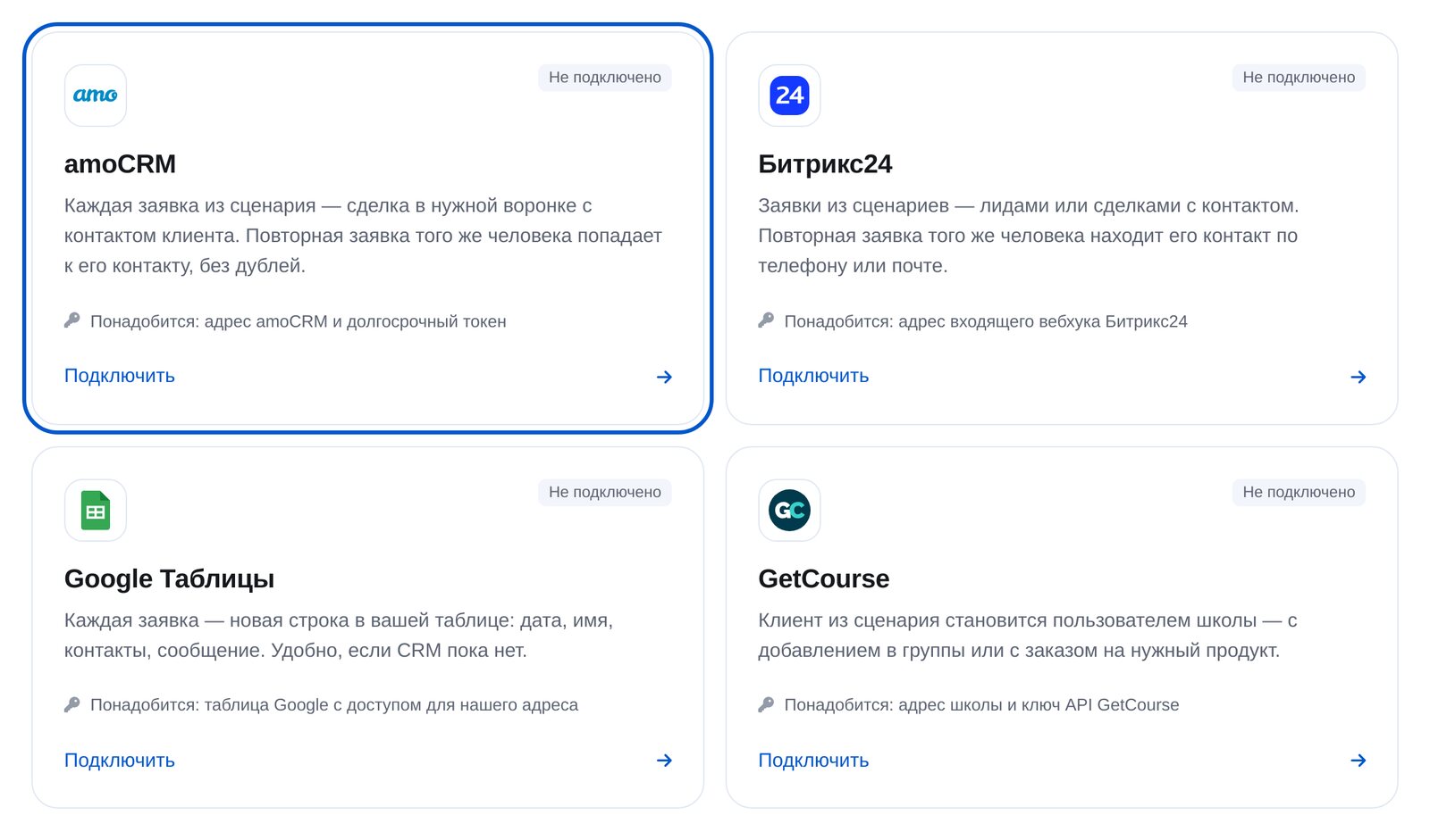 amoCRM-Karte unter den Integrationen im ETOCHATBOT-Konto