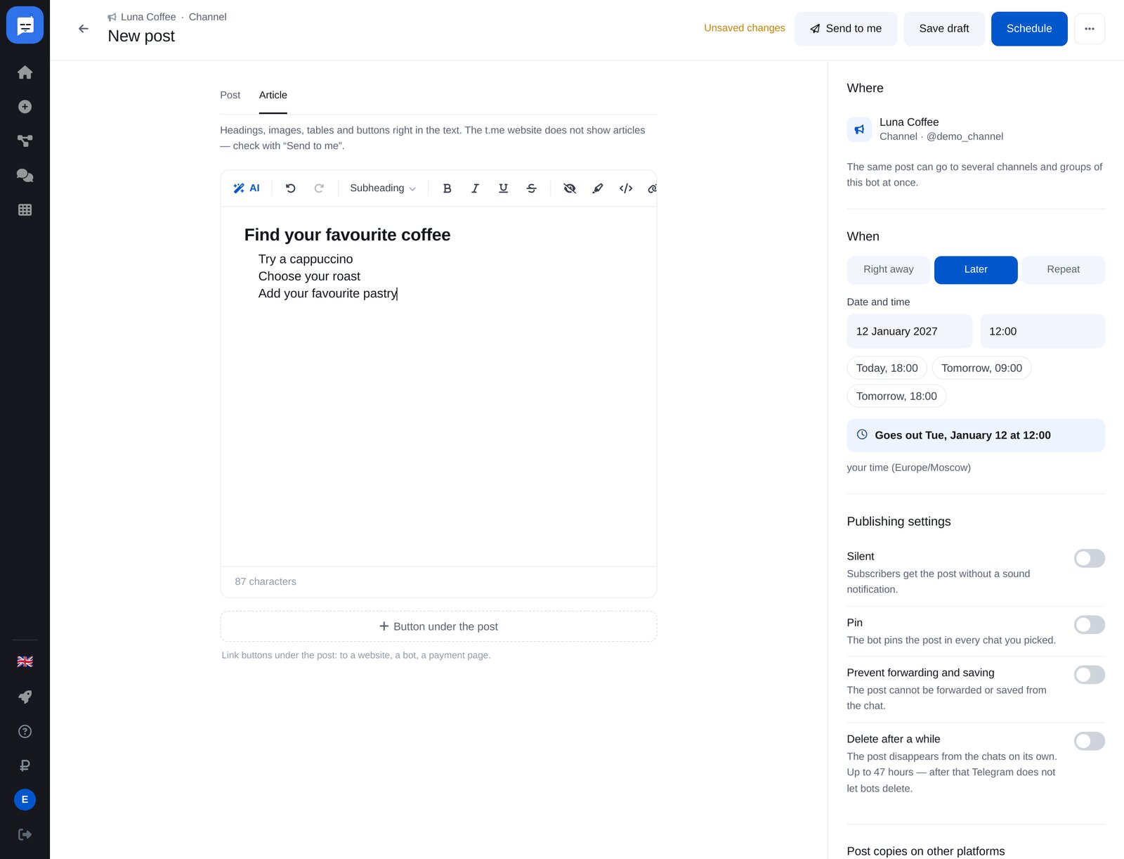 ETOCHATBOTのTelegram記事エディター。見出しと番号付きリスト、右側に公開日時の設定