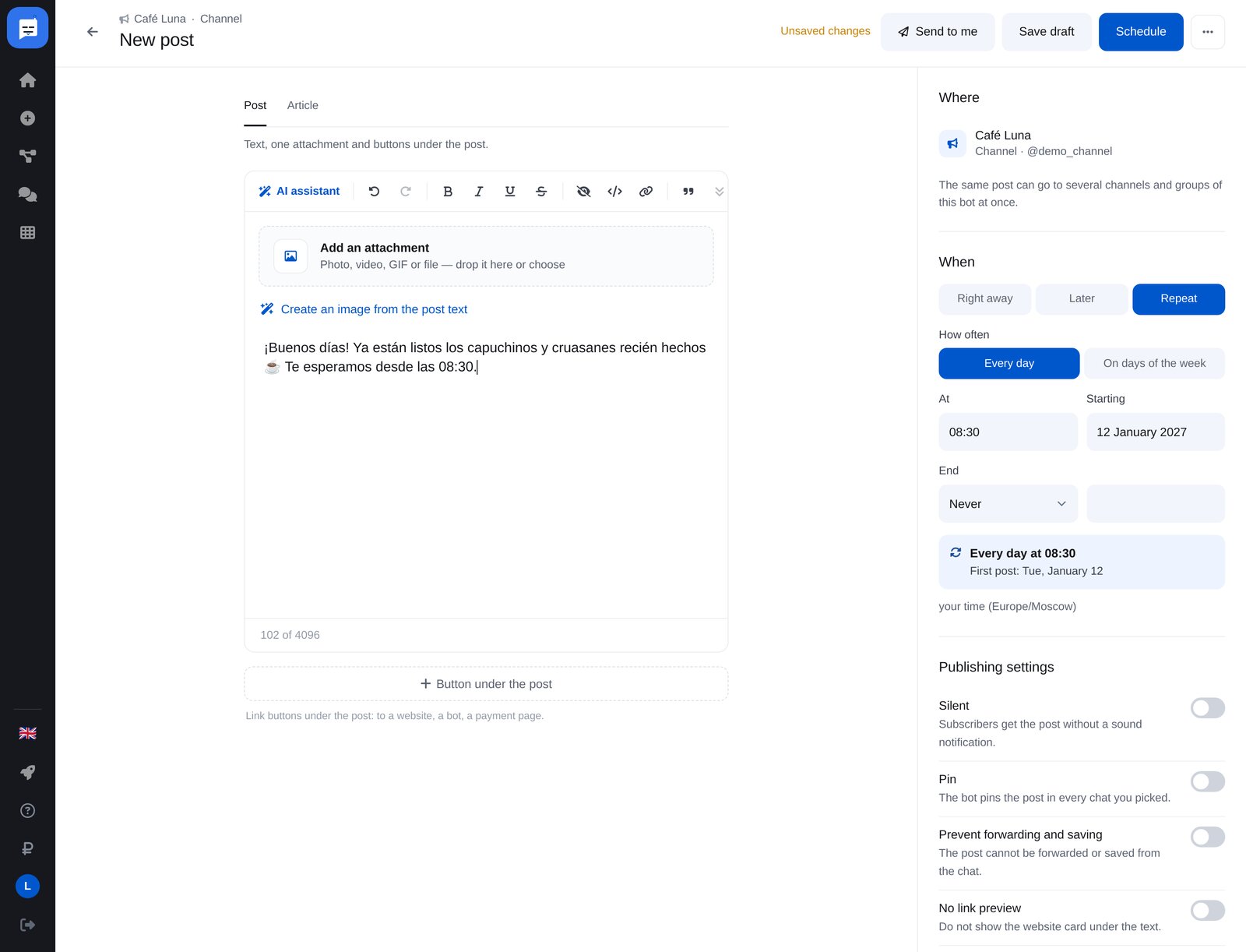 Programación recurrente en ETOCHATBOT: cada día a las 08:30, fecha de inicio y fin
