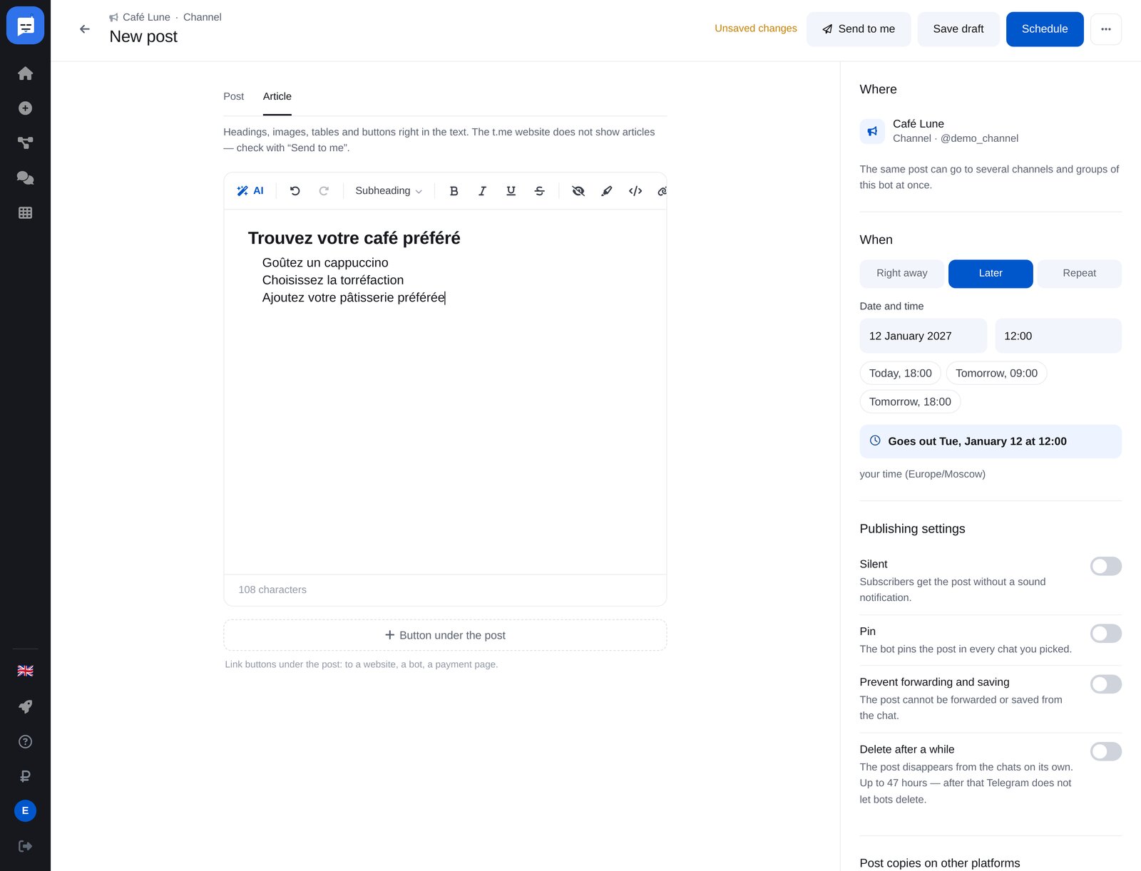 Éditeur d’article Telegram dans ETOCHATBOT : titre et liste numérotée, programmation à droite